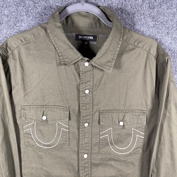 True Religion Pearl Snap Olive Green Long Sleeve Button Down Shirt Mens Medium - Picture 3 of 9